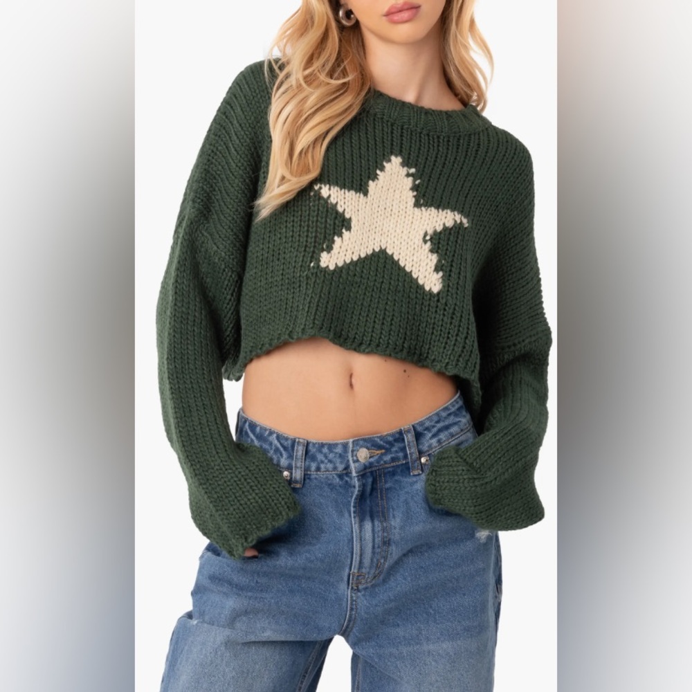 EDIKTED XS/S Mega Star Intarsia Crop Sweater Green! Perfect Condition!